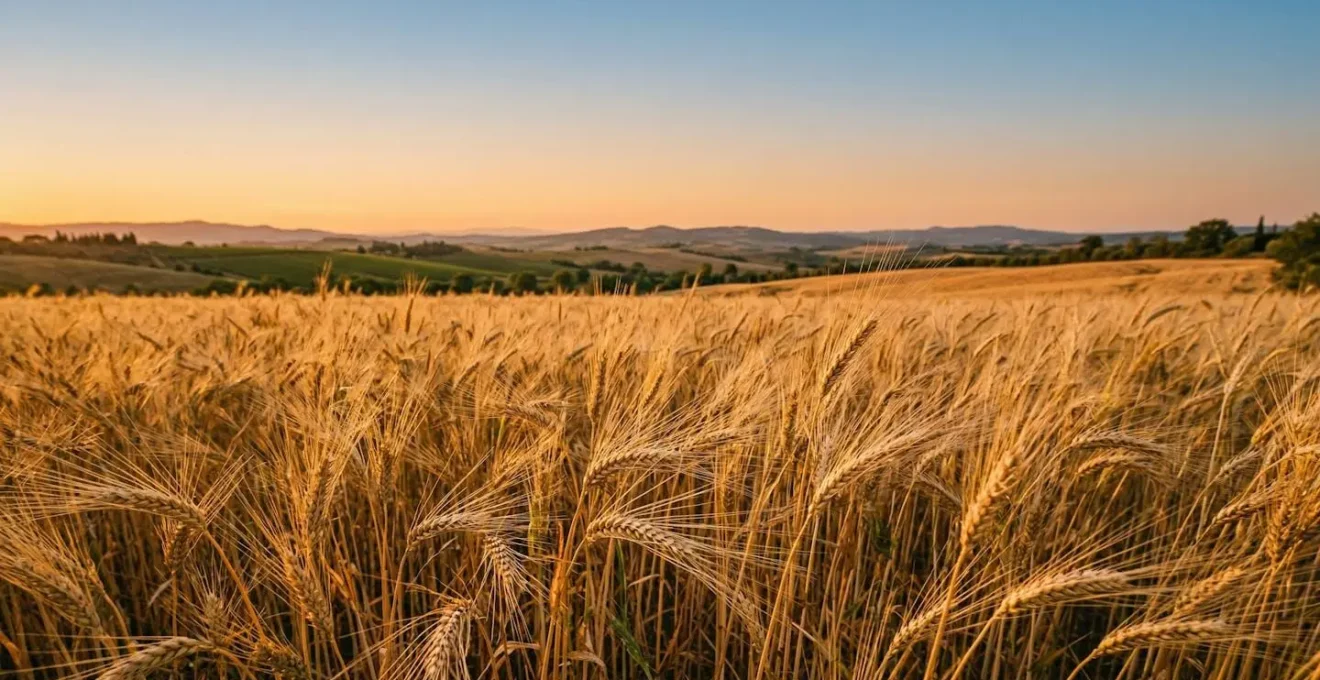 Campo di grani antichi con spighe alte dorate sotto la luce del tramonto