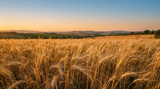 Campo di grani antichi con spighe alte dorate sotto la luce del tramonto