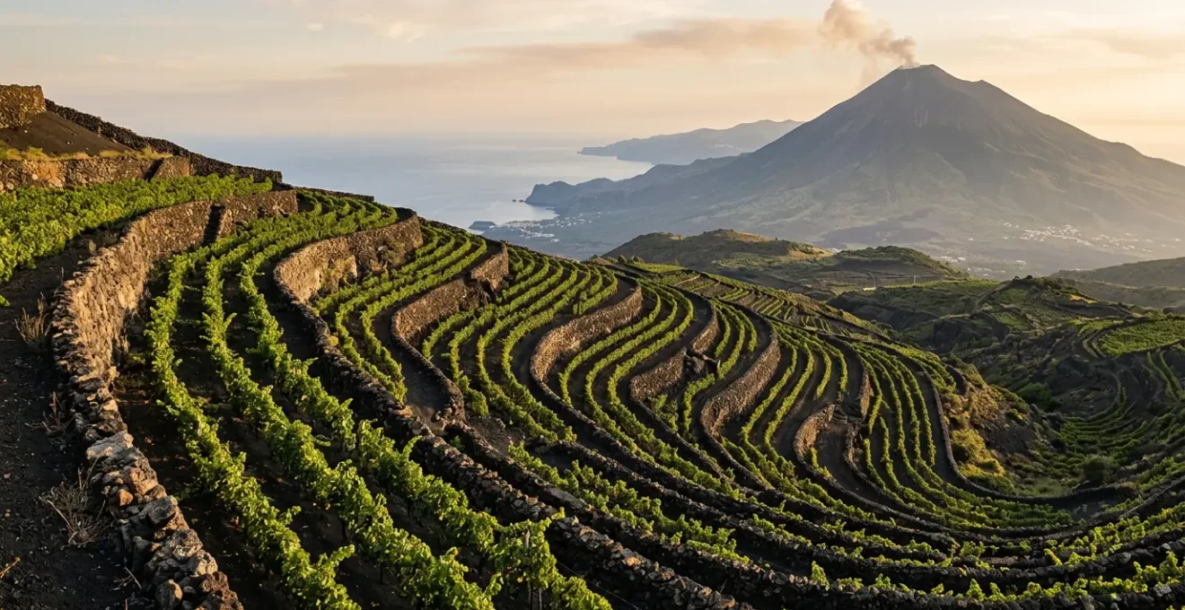 Vigneti terrazzati sui suoli vulcanici dell'Etna con vista sul mare mediterraneo