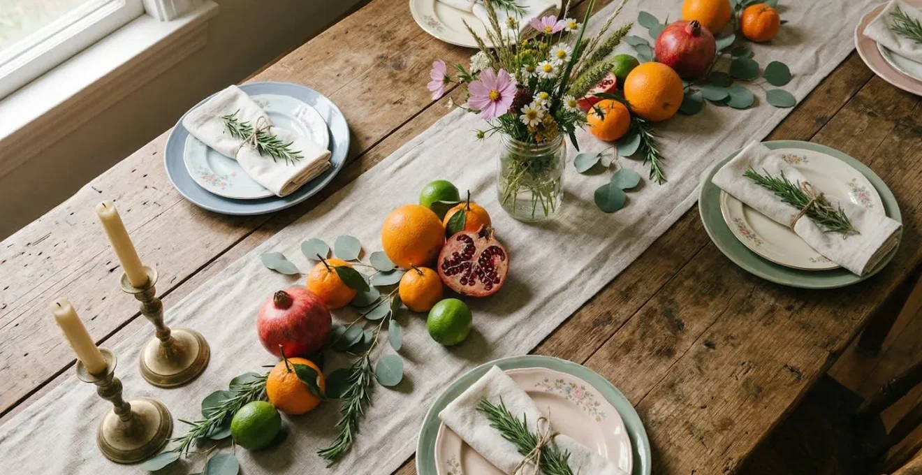 Tavola elegante apparecchiata con piatti vintage spaiati, rami di rosmarino e frutta fresca, vista dall'alto