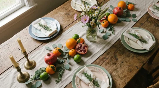 Tavola elegante apparecchiata con piatti vintage spaiati, rami di rosmarino e frutta fresca, vista dall'alto