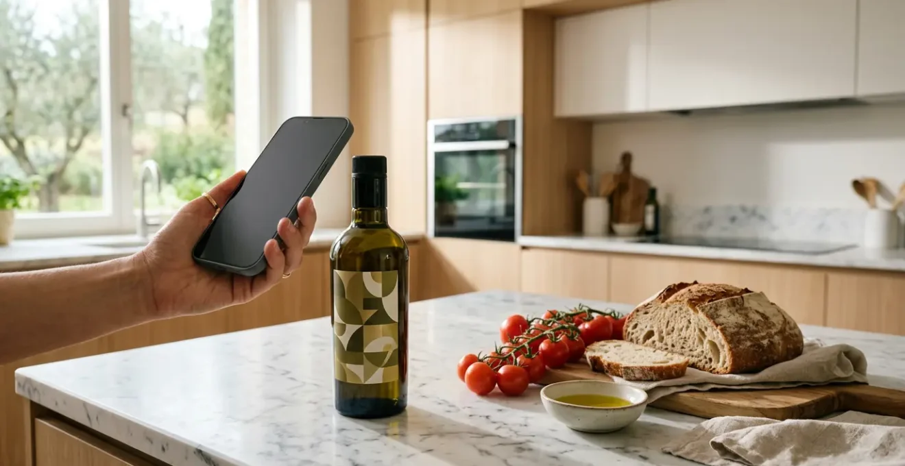 Cucina moderna con smartphone che scansiona codice QR su prodotto alimentare