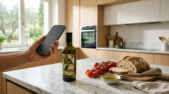 Cucina moderna con smartphone che scansiona codice QR su prodotto alimentare