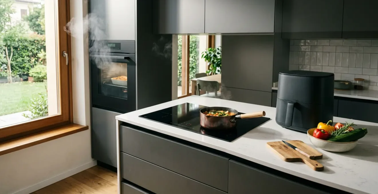 Cucina moderna con diverse tecnologie di cottura avanzate in uso simultaneo