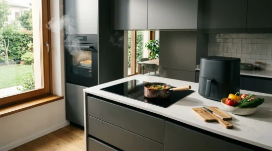 Cucina moderna con diverse tecnologie di cottura avanzate in uso simultaneo