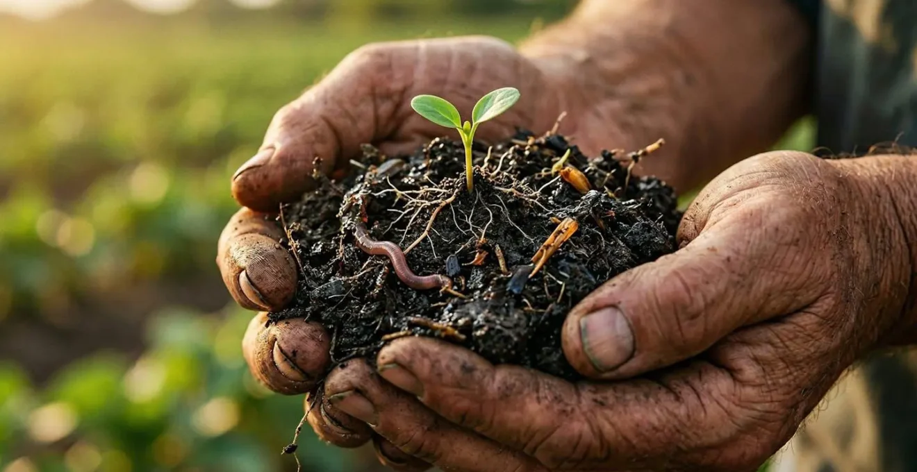 Mani che tengono delicatamente terra ricca e scura con radici e microorganismi visibili