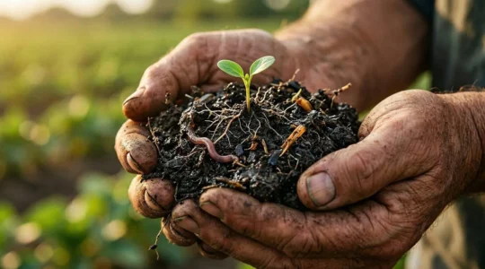 Mani che tengono delicatamente terra ricca e scura con radici e microorganismi visibili