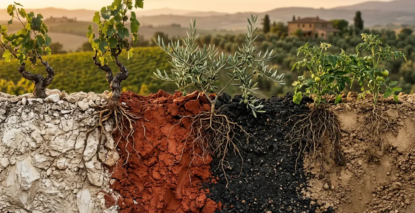 Mosaico di terreni agricoli diversi con radici delle piante che si intrecciano in profondità, mostrando la relazione tra suolo e sapore del cibo
