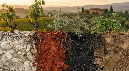 Mosaico di terreni agricoli diversi con radici delle piante che si intrecciano in profondità, mostrando la relazione tra suolo e sapore del cibo