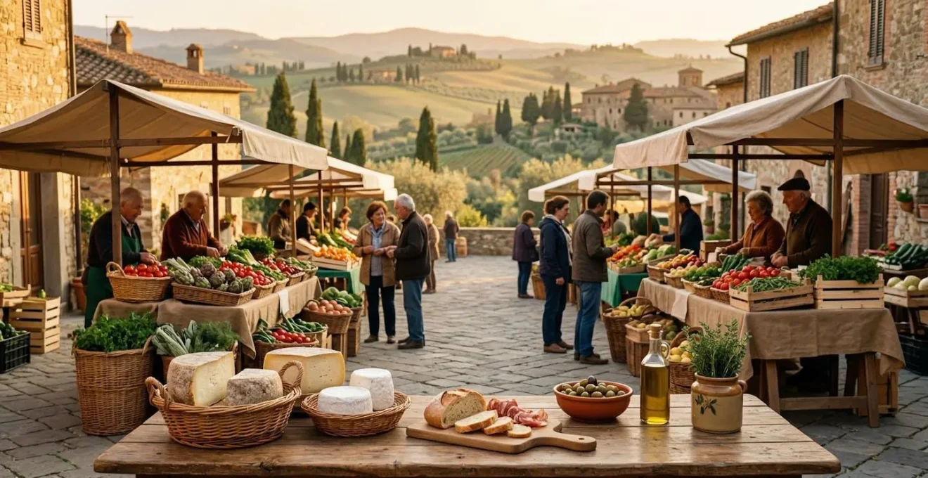 Viaggiatori che esplorano un mercato locale italiano con prodotti regionali autentici