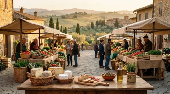 Viaggiatori che esplorano un mercato locale italiano con prodotti regionali autentici