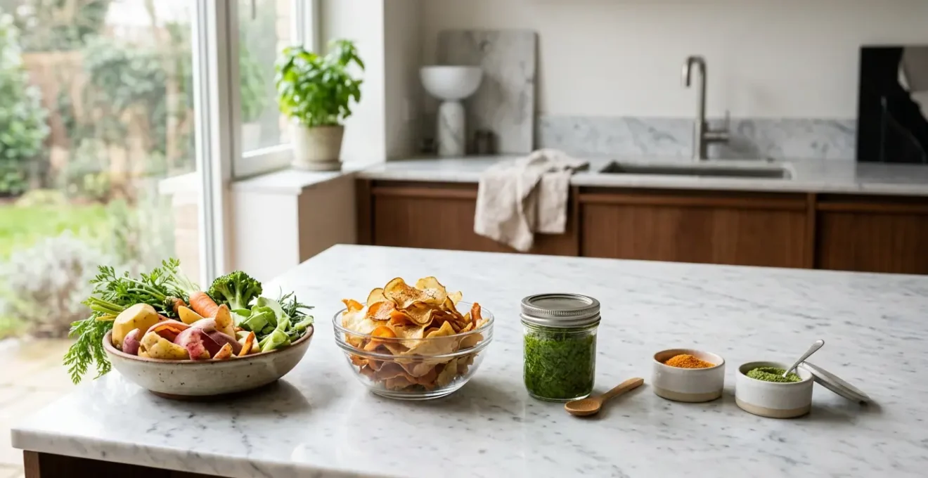 Cucina luminosa con scarti vegetali trasformati in preparazioni gastronomiche colorate e invitanti
