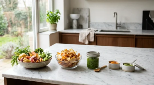 Cucina luminosa con scarti vegetali trasformati in preparazioni gastronomiche colorate e invitanti