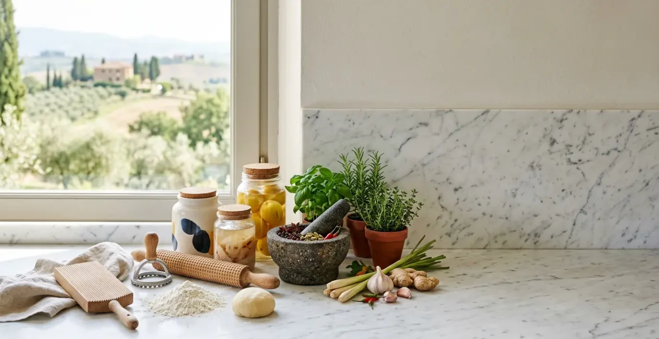 Cucina italiana moderna con elementi fusion internazionali su tavolo in marmo