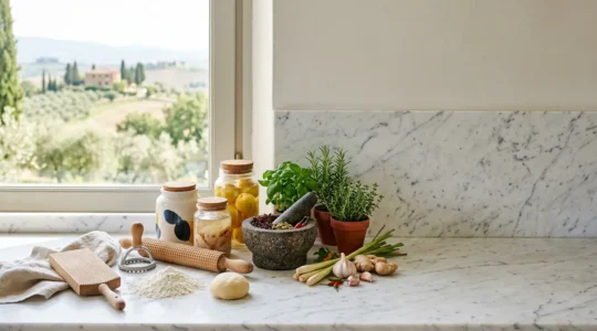 Cucina italiana moderna con elementi fusion internazionali su tavolo in marmo