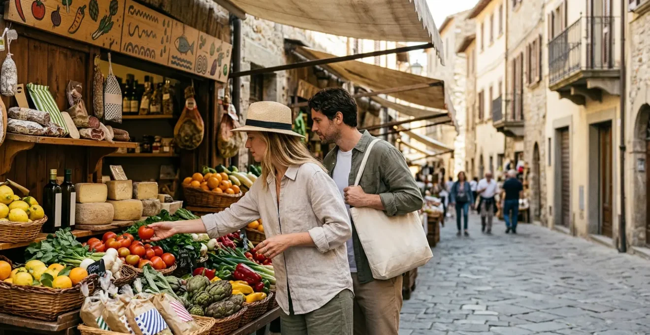 Viaggiatori che assaggiano specialità italiane in un mercato tradizionale