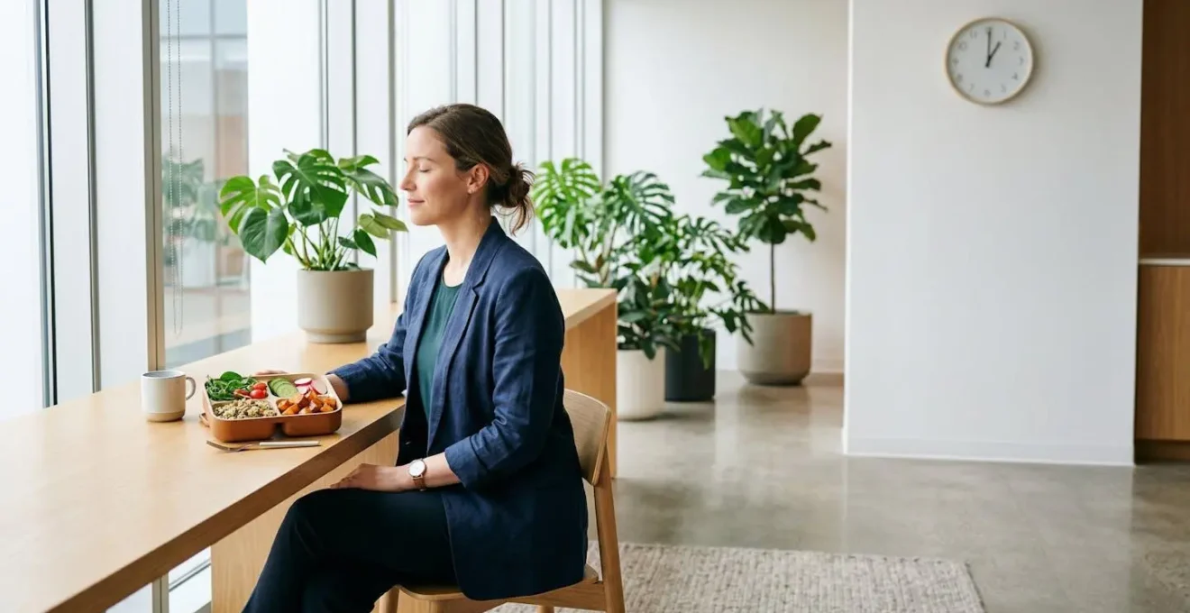 Professionista in pausa pranzo con pasto sano e bilanciato in un ambiente di lavoro luminoso