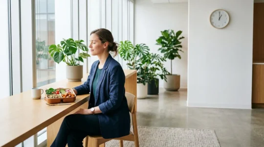 Professionista in pausa pranzo con pasto sano e bilanciato in un ambiente di lavoro luminoso