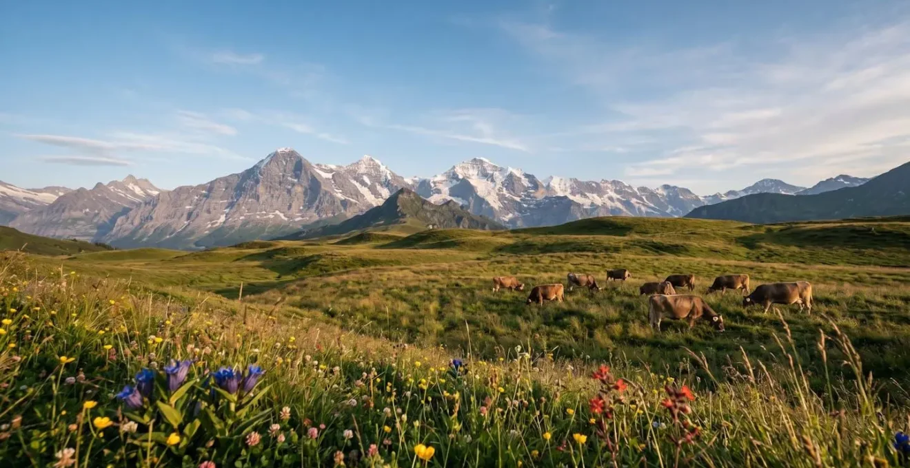 Vista ampia di un pascolo alpino con mucche al pascolo tra erbe diverse e fiori di montagna