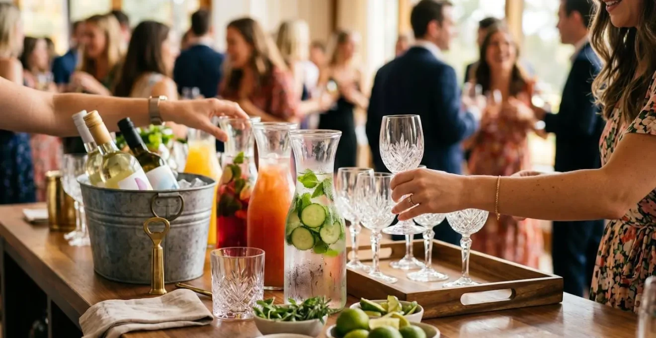 Elegante angolo bevande self-service con caraffe, bicchieri e decorazioni per festa