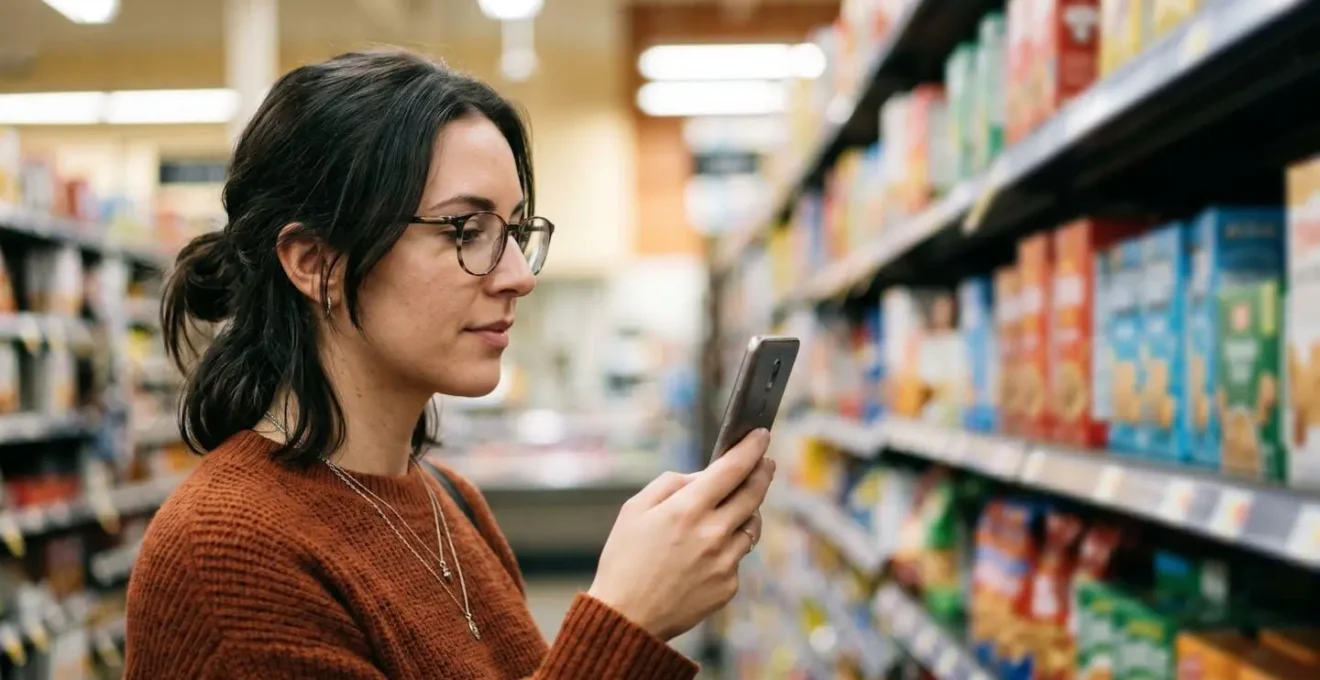 Persona al supermercato usa app per scansionare prodotti alimentari