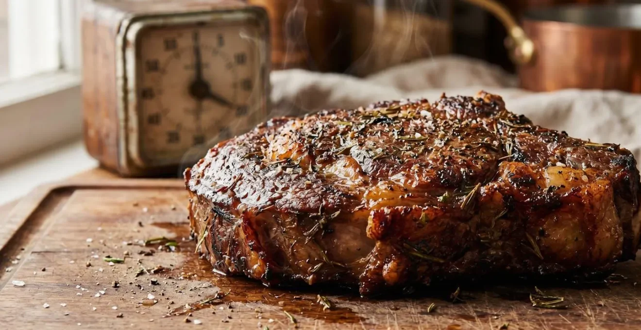 Arrosto perfettamente cotto che riposa su tagliere con timer da cucina