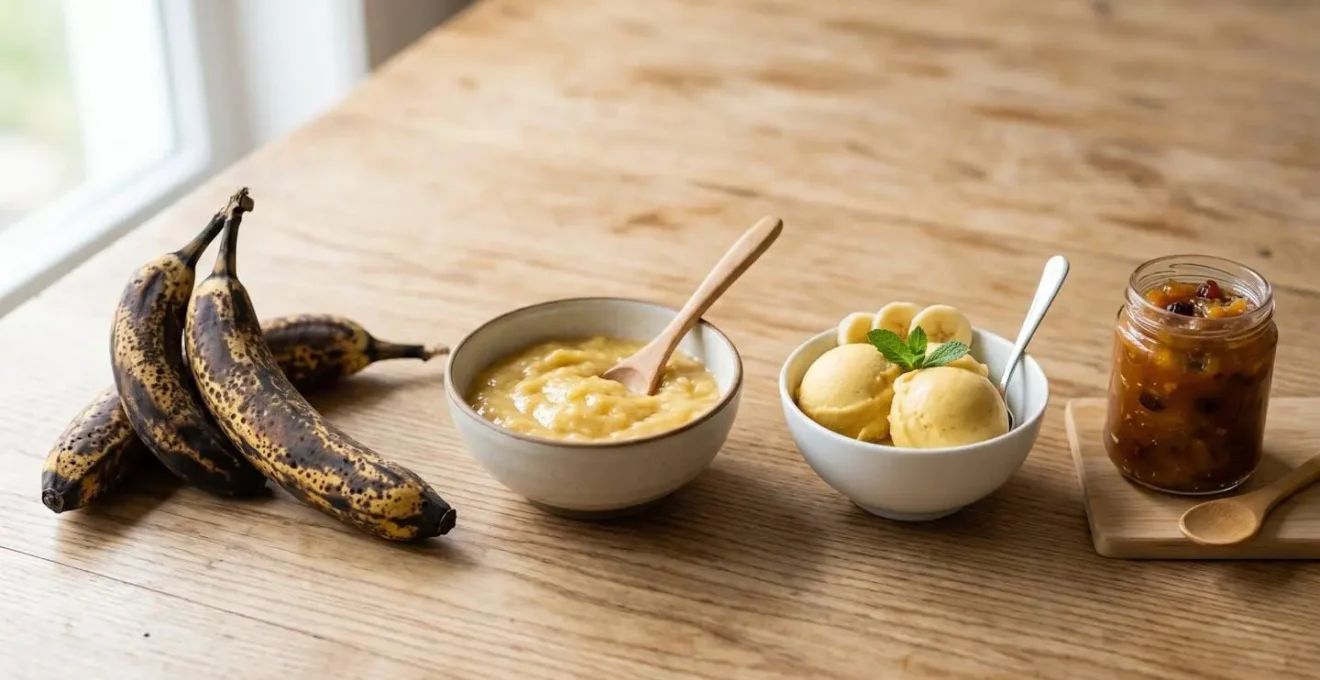 Banane mature trasformate in preparazioni dolci su tavolo di legno naturale
