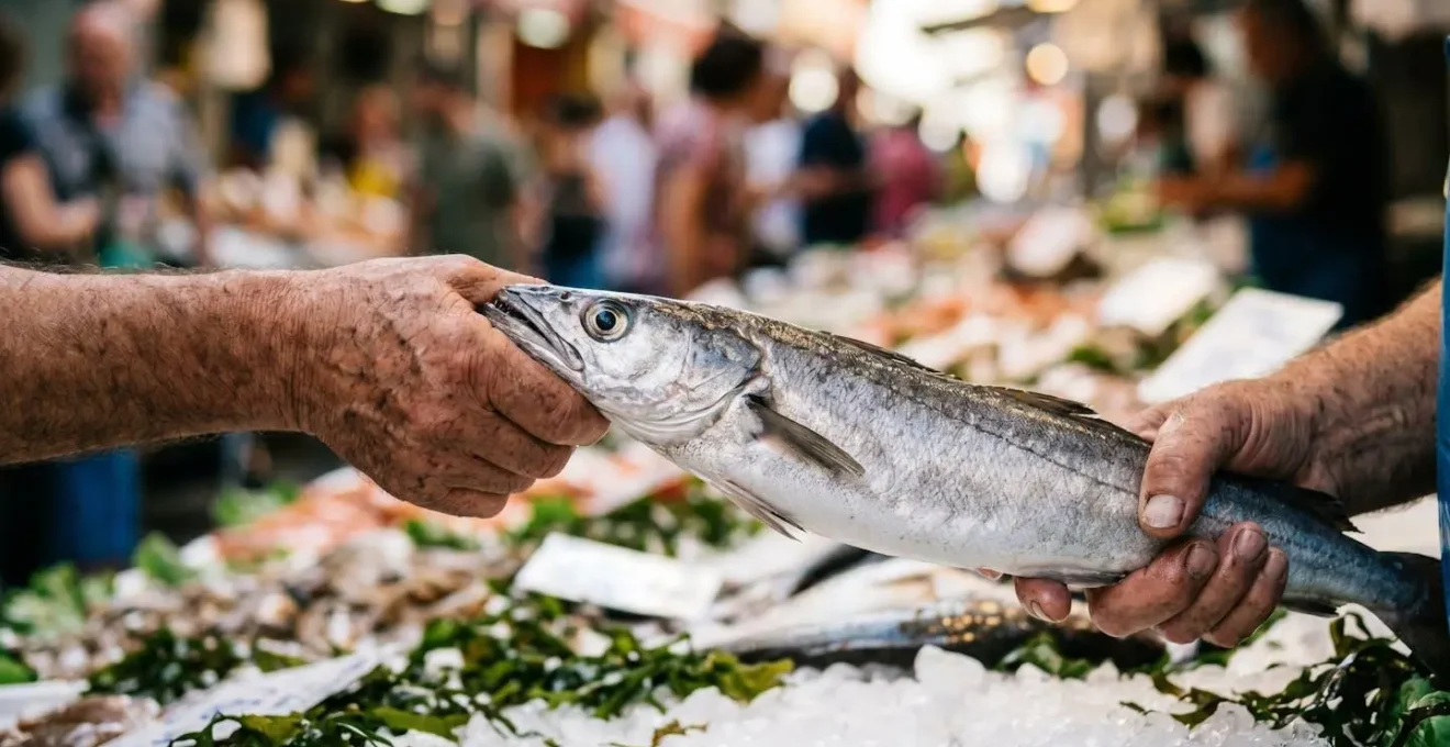 Banco del pesce con dettagli di freschezza visibili su prodotti ittici