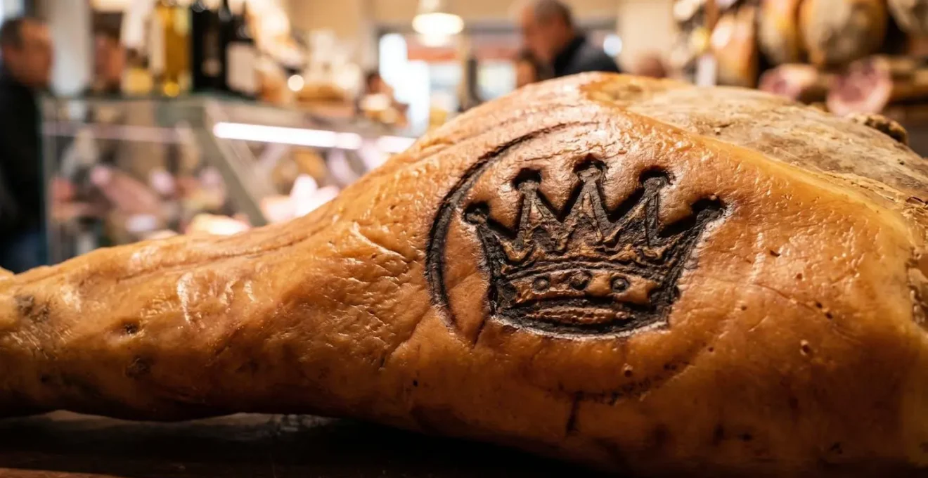 Dettaglio del marchio a fuoco con corona ducale su coscia di prosciutto di Parma presso banco salumeria