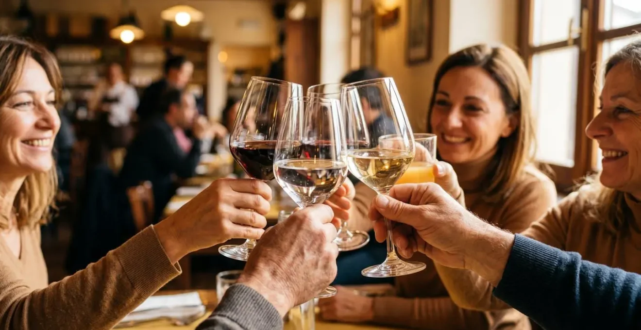 Momento di brindisi italiano con calici alzati e sguardi che si incrociano