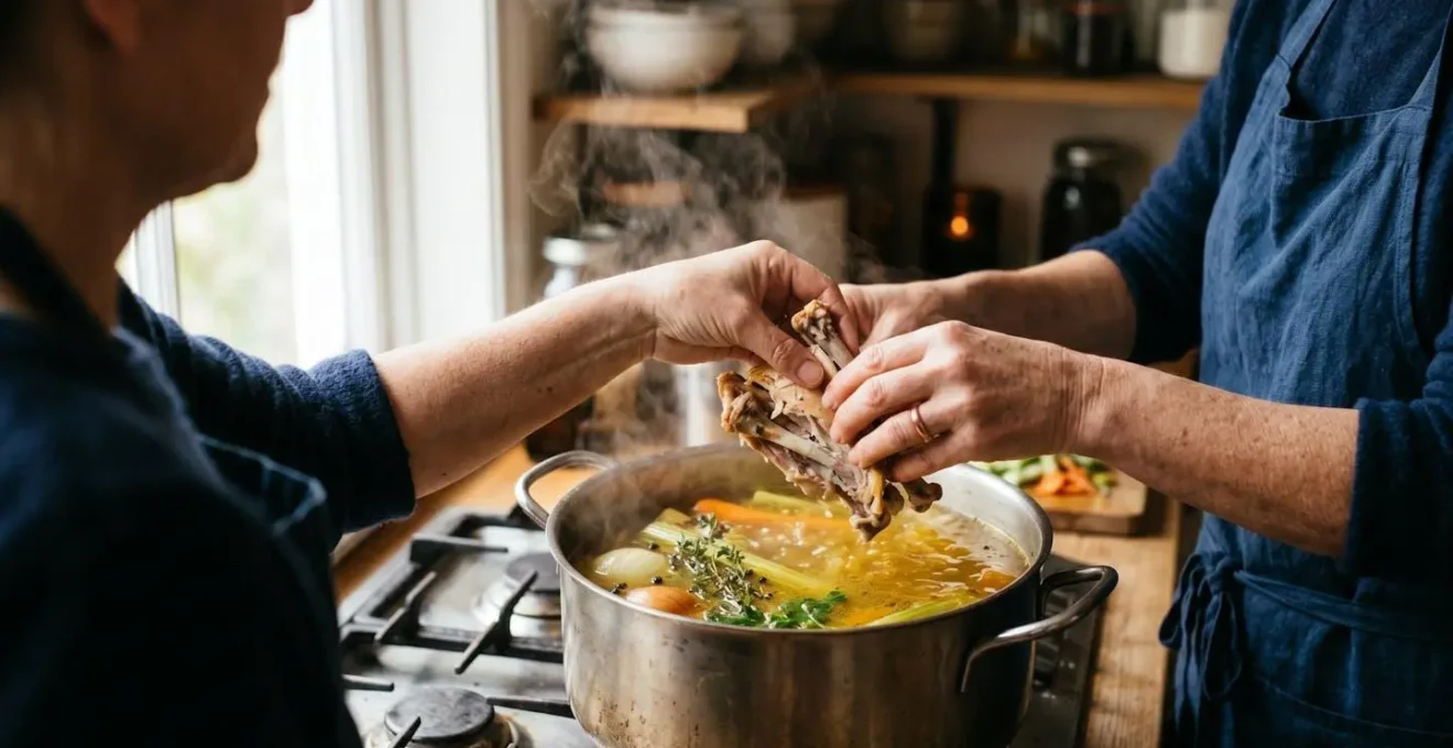 Pentola in acciaio con brodo dorato di ossa di pollo e verdure in cottura lenta