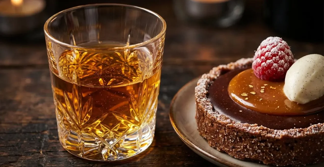 Calici di vino dolce dorato accanto a dessert eleganti su tavolo scuro