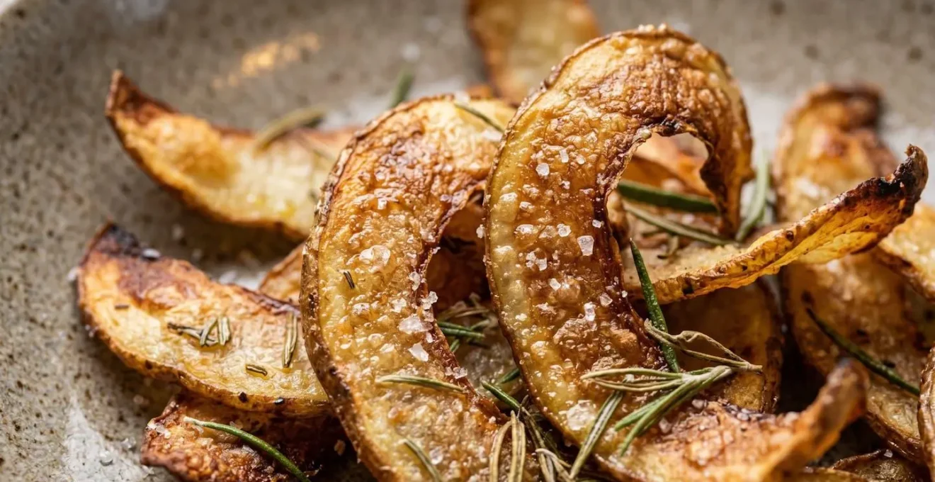 Chips dorate di bucce di patata disposte su piatto di ceramica artigianale
