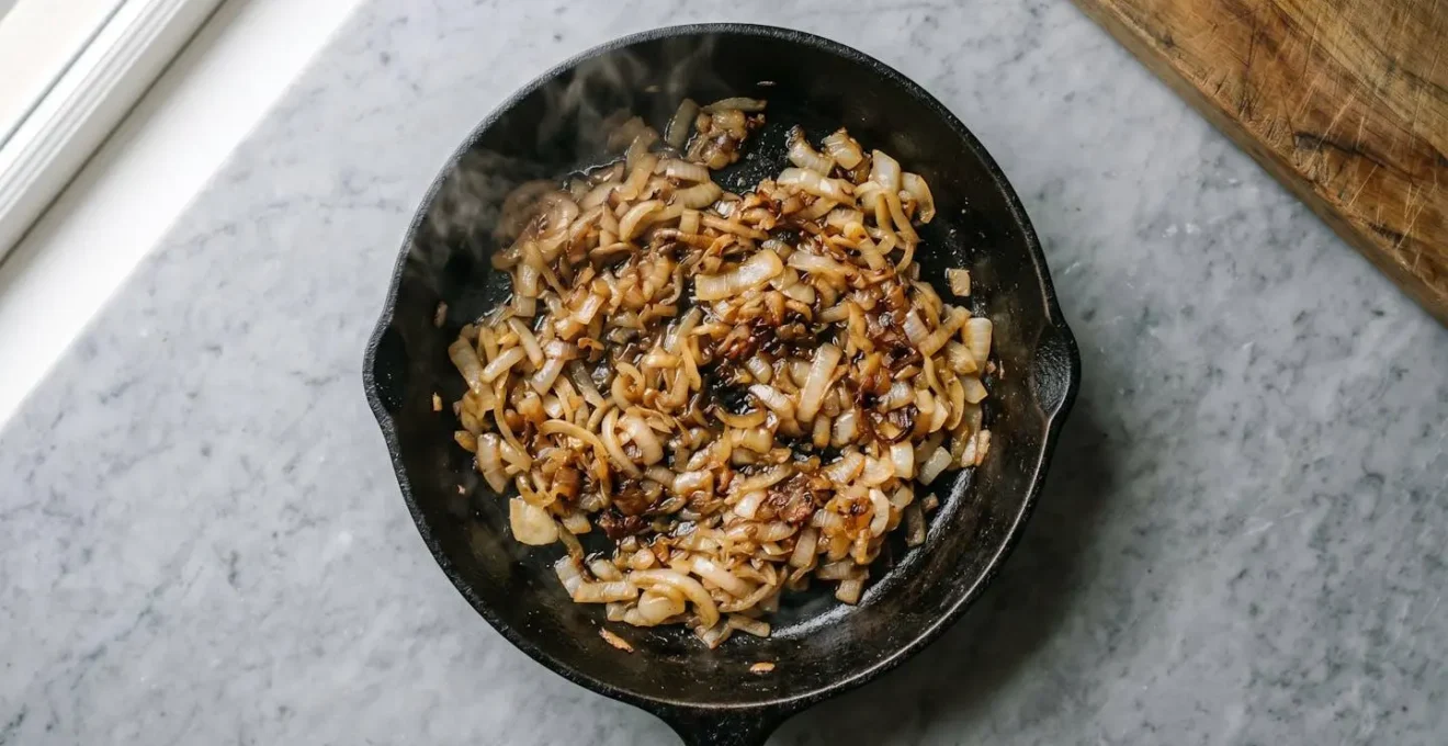 Cipolle dorate che caramellano in padella con effetto Maillard