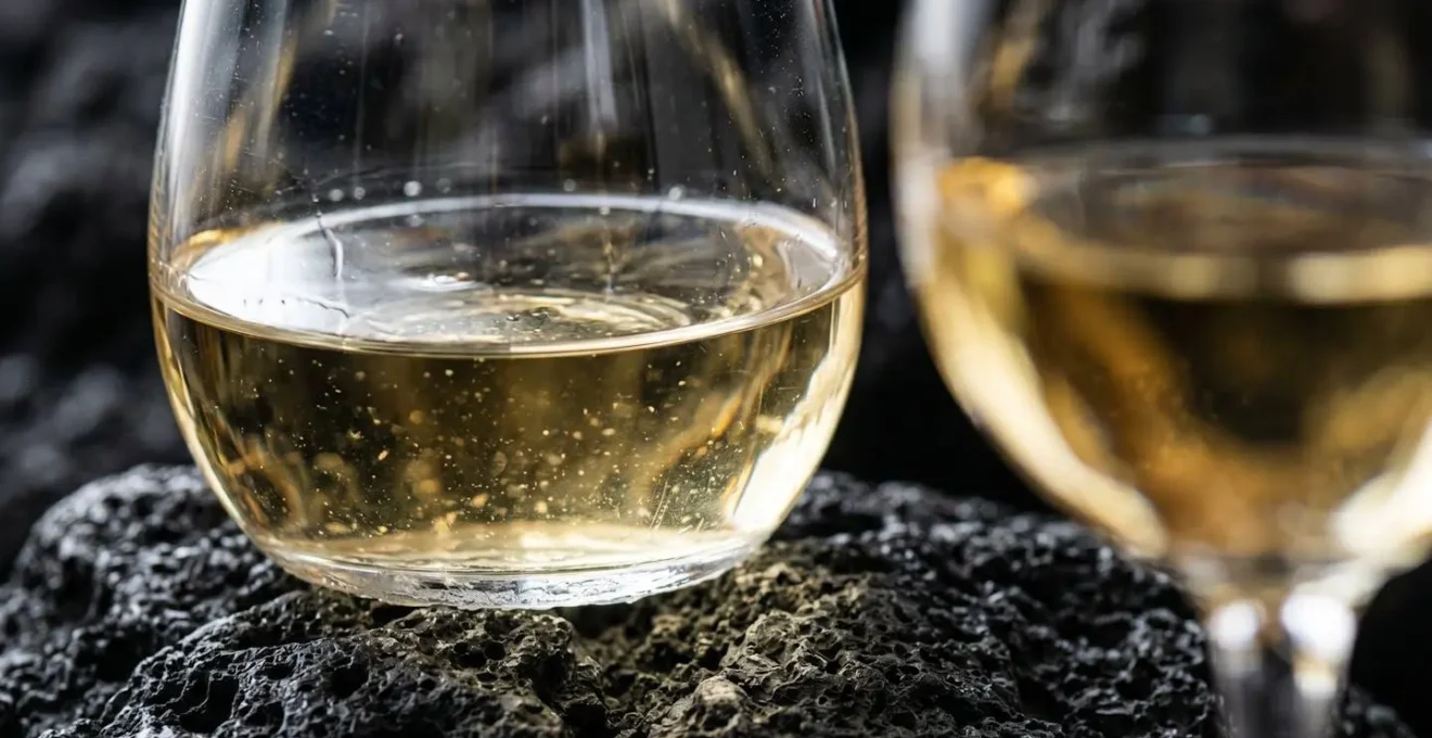 Dettaglio macro di due calici di vino bianco con riflessi dorati su roccia lavica