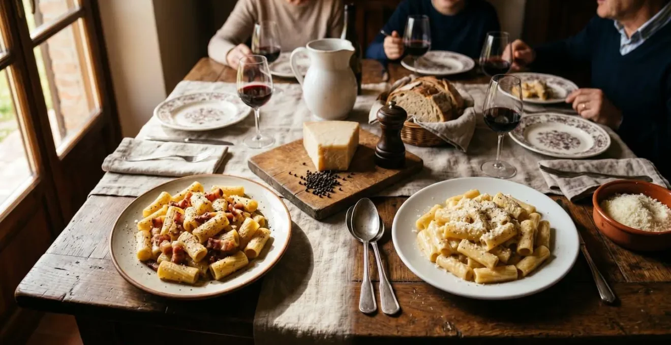 Tavola domenicale italiana apparecchiata con due versioni di pasta alla gricia