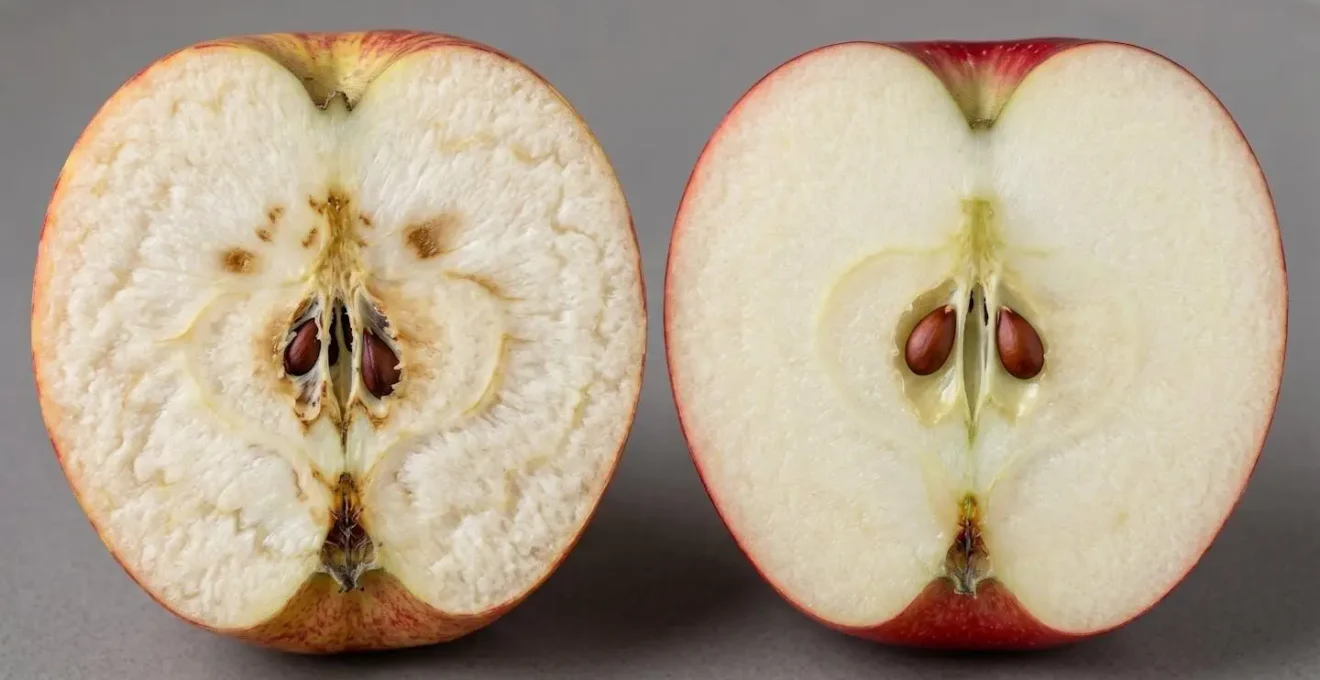 Sezione trasversale di mele antiche e moderne che mostra la differenza di densità aromatica
