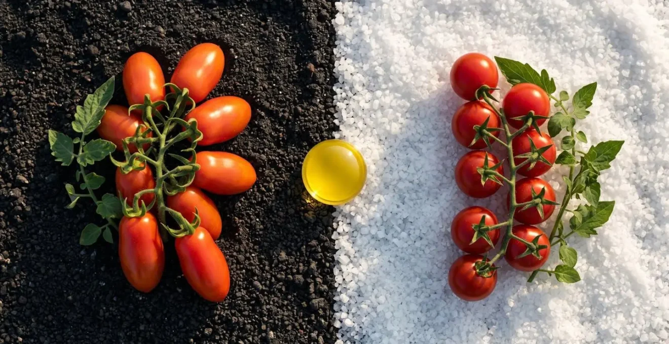Pomodori San Marzano e Pachino tagliati a metà su tavola di marmo