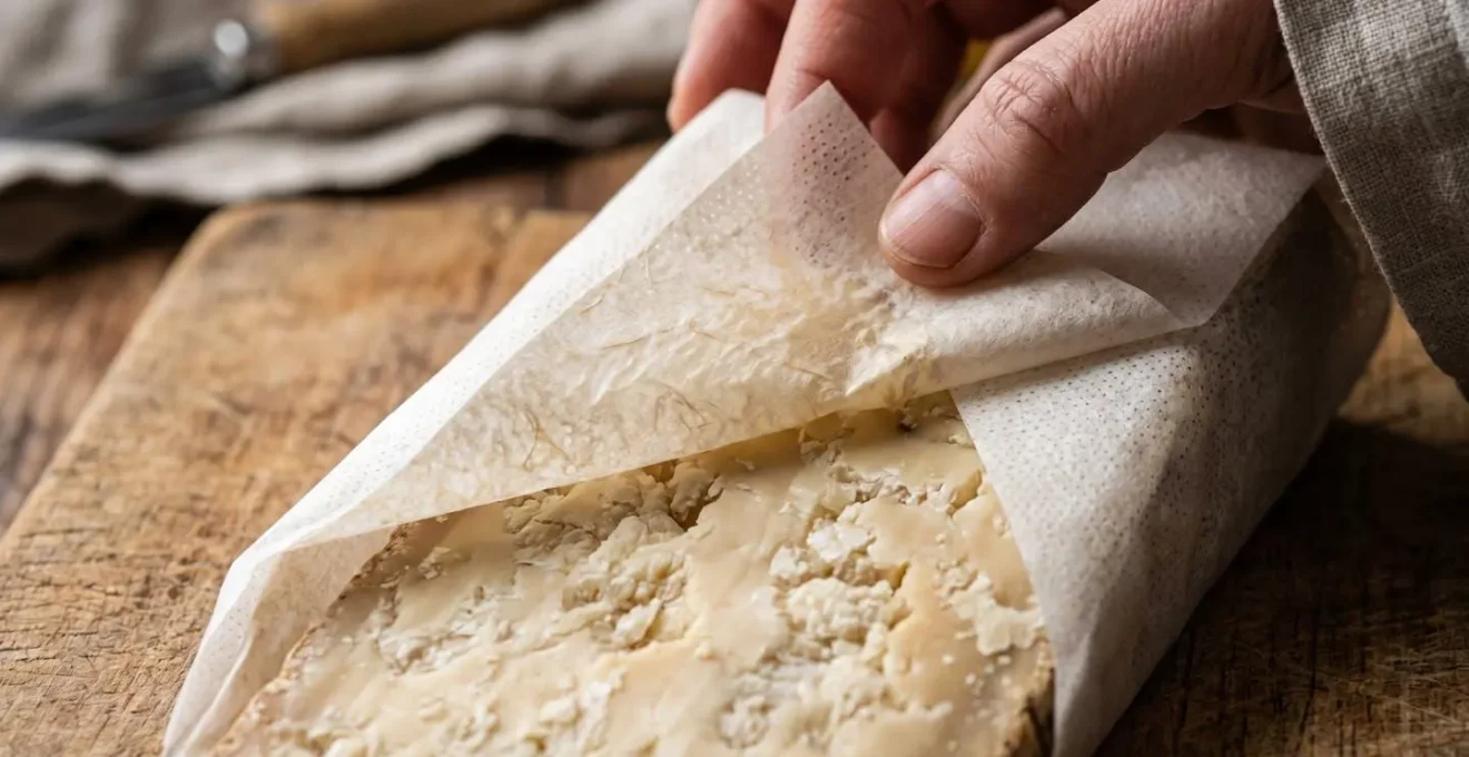 Dettaglio macro della carta per formaggi che avvolge una forma stagionata