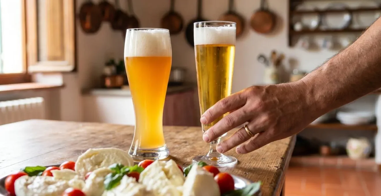 Bicchieri di Pilsner e Weizen su tavola con mozzarella di bufala e pomodori