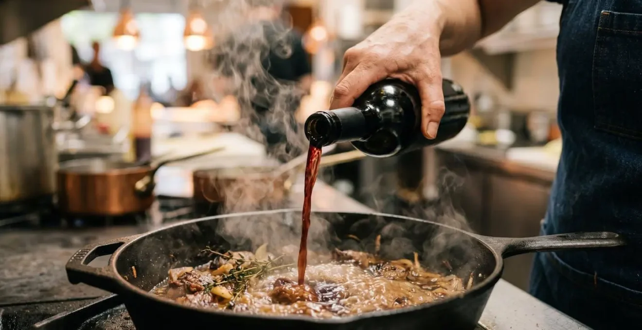 Vino versato in padella calda per deglassare il fondo caramellato