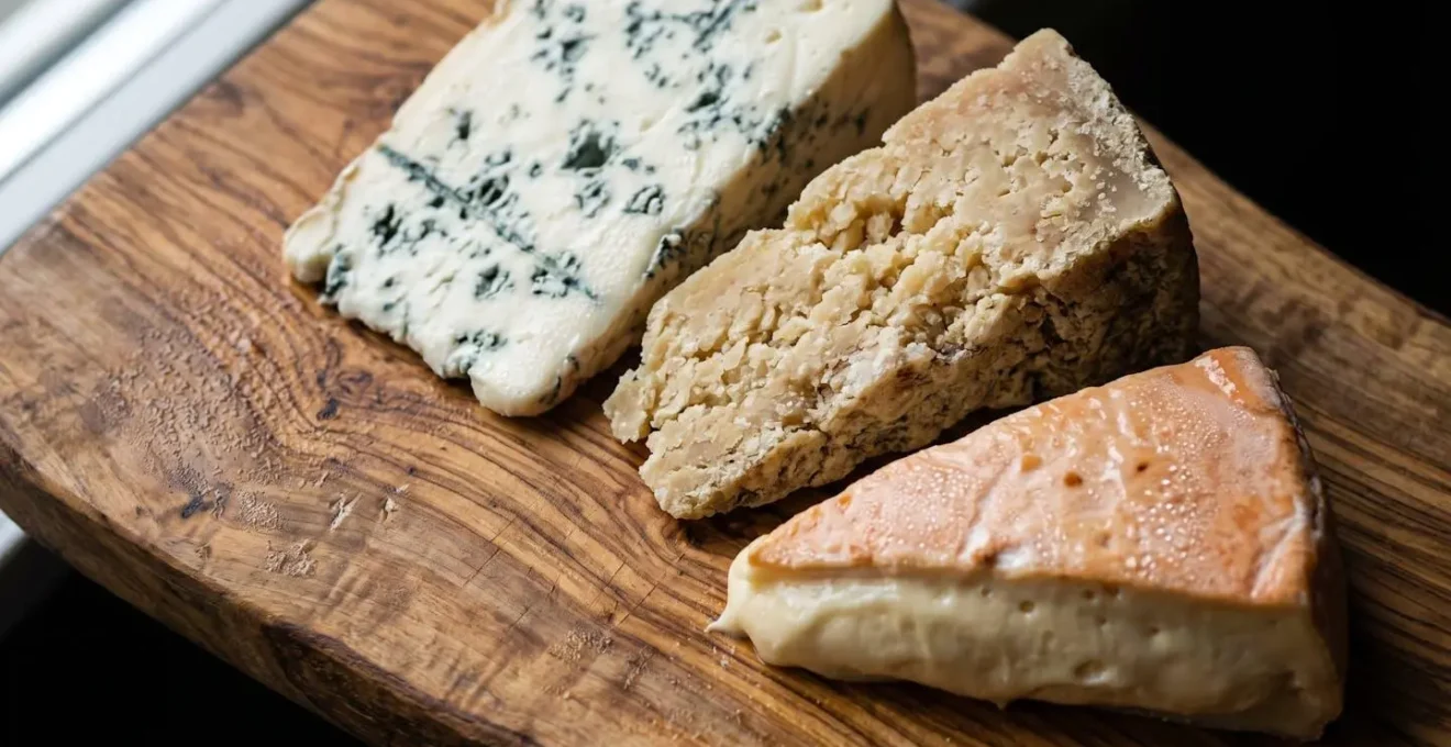 Tagliere di formaggi DOP italiani disposti su legno d'ulivo con texture visibili
