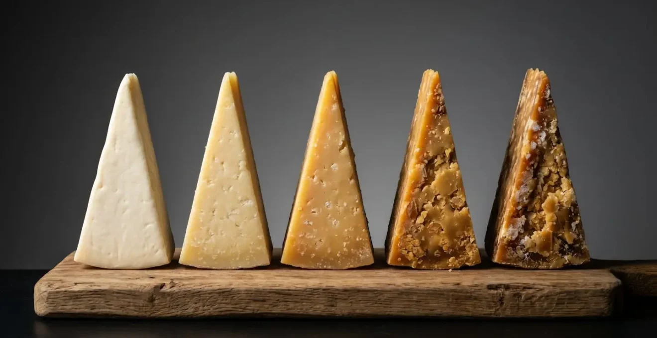 Cinque porzioni di formaggio con diverse stagionature disposte in progressione