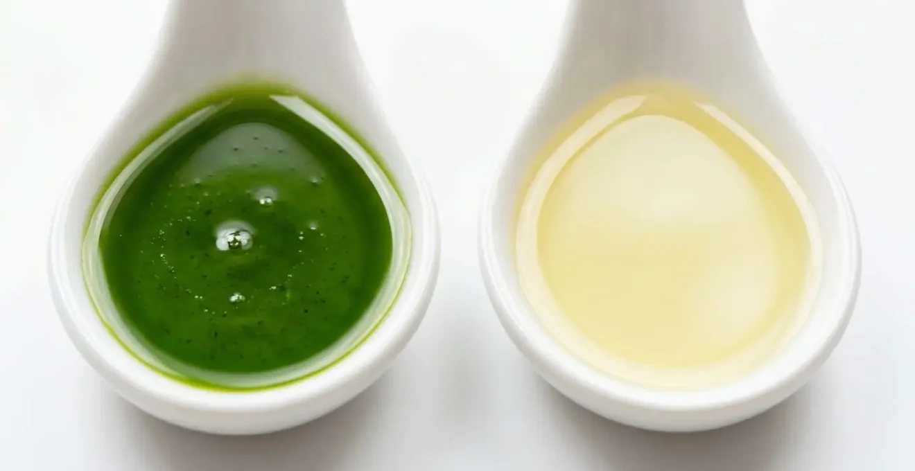 Confronto visivo tra olio Coratina verde intenso e blend commerciale giallo trasparente