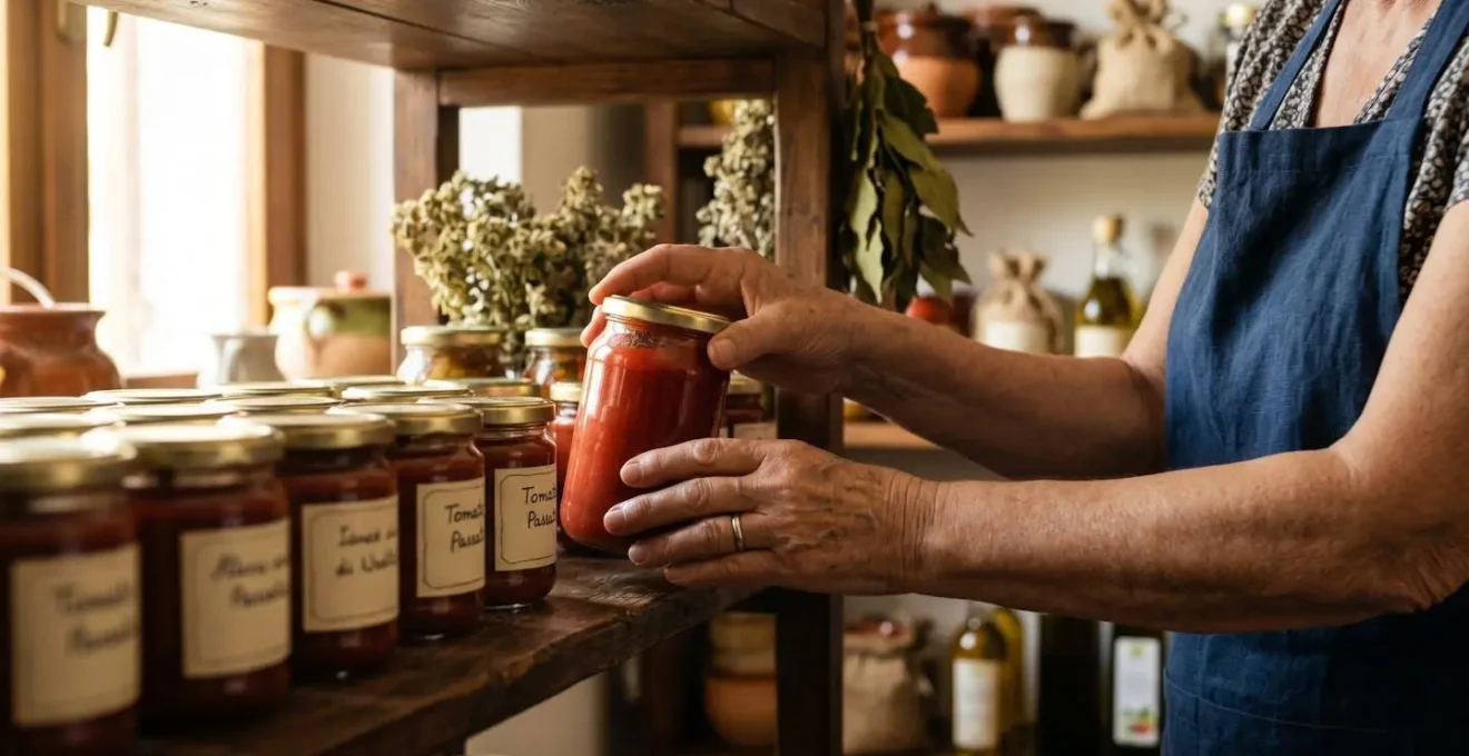 Dispensa organizzata con file di barattoli di passata di pomodoro etichettati per mese
