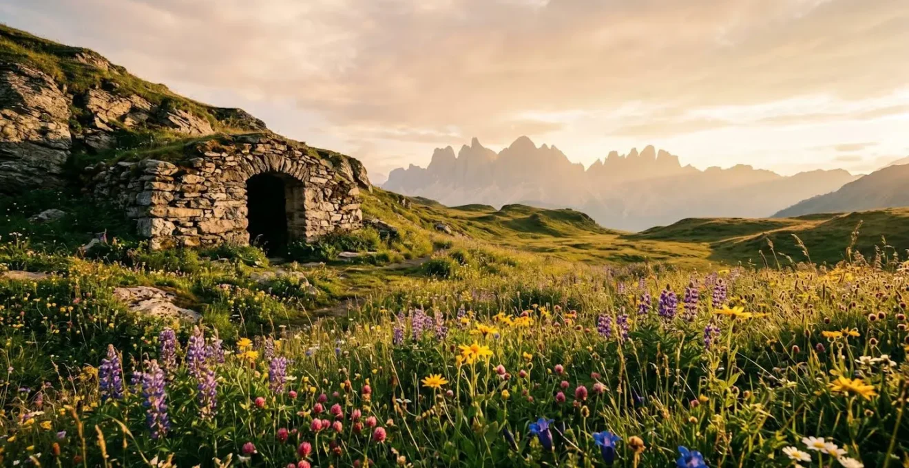 Paesaggio alpino con pascoli biodiversi e forme di formaggio stagionato