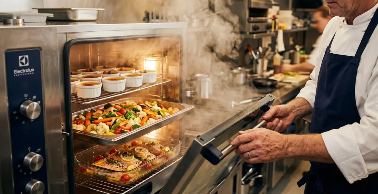 Vista frontale di un forno a vapore aperto con diversi piatti su ripiani multipli