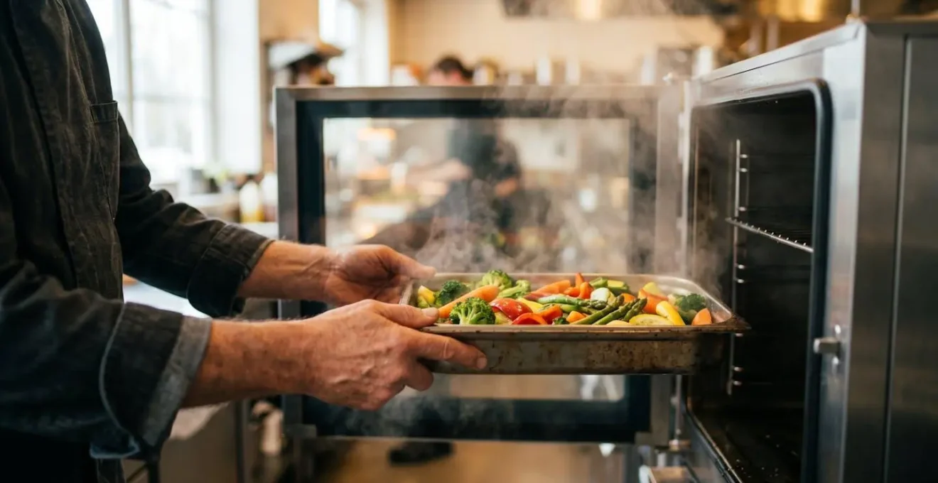 Verdure che cuociono nel vapore all'interno di un forno professionale