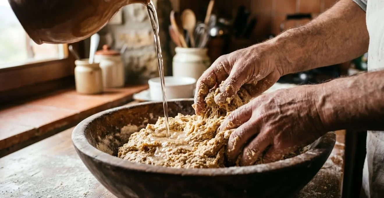 Mani di panettiere che aggiungono acqua a filo durante il bassinage di un impasto con farina macinata a pietra