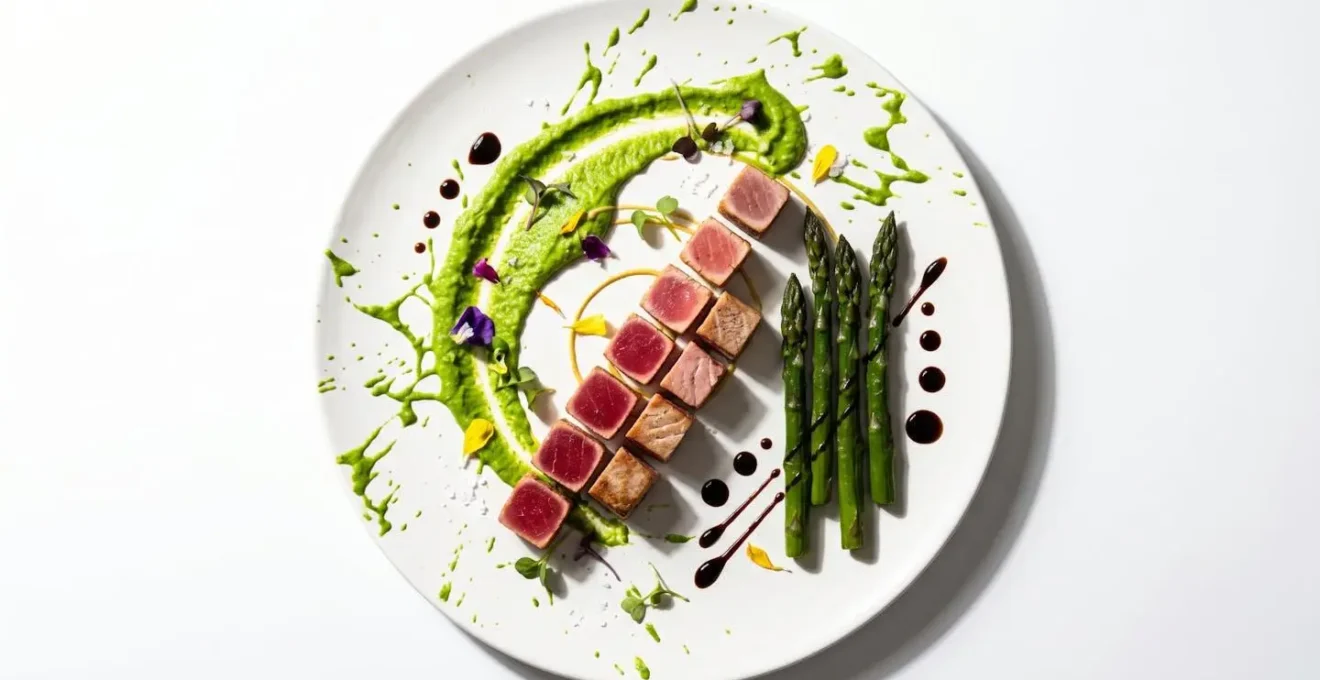 Composizione artistica di cibo nel piatto con gioco di altezze e colori
